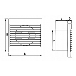 WYMIARY [mm]  ØA - 99 B - 158 C - 56 D - 20 DANE TECHNICZNE  Wydajność max - 100 m3/h Znamionowy pobór mocy max - 15 W Napięcie zasilania - 230 V / 50 Hz Pobór prądu max - 0,12 A Ciśnienie akustyczne max - 40 dB(A)/3m Maksymalne ciśnienie max - 34 Pa Maks